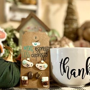 Coffee themed polymer clay stud earrings.  Set of 3.  Sealed with epoxy.